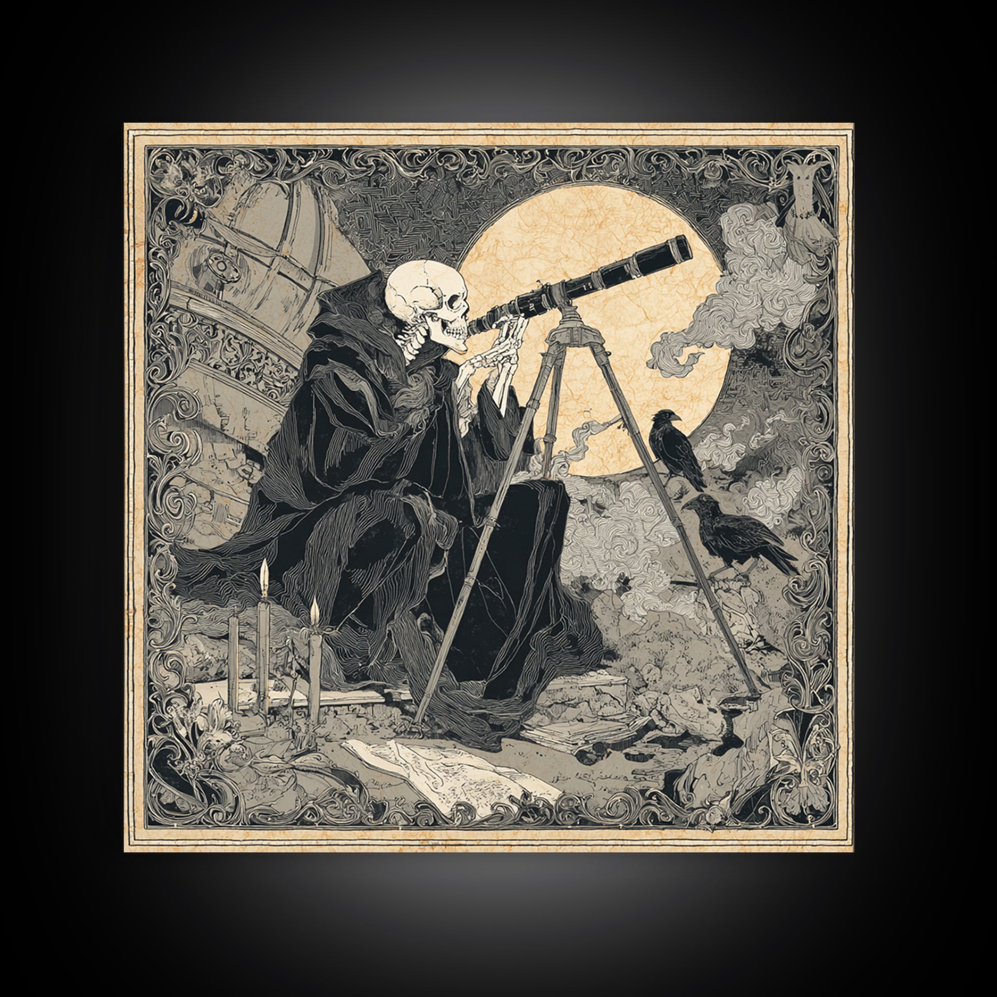 The Skull Astronomer, Decadent Line Art, Square Wall Art, Dark Fantasy Wall Art, Framed Canvas Print, Halloween Wall Art