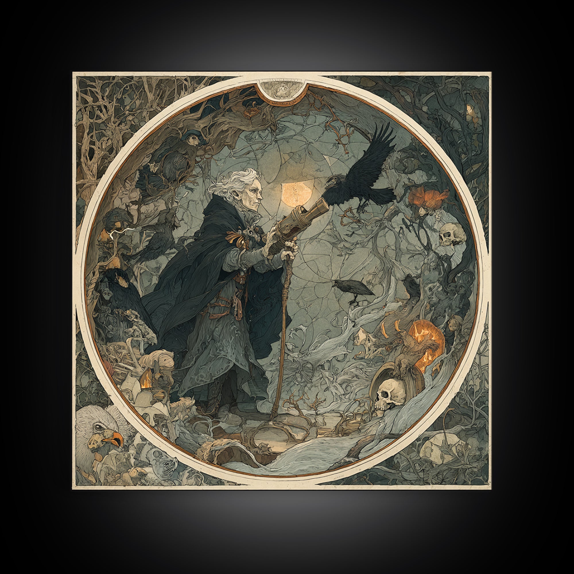 The Skull Astronomer, Gothic Storybook Art, Square Wall Art, Macabre Wall Art, Framed Canvas Print, Halloween Wall Art