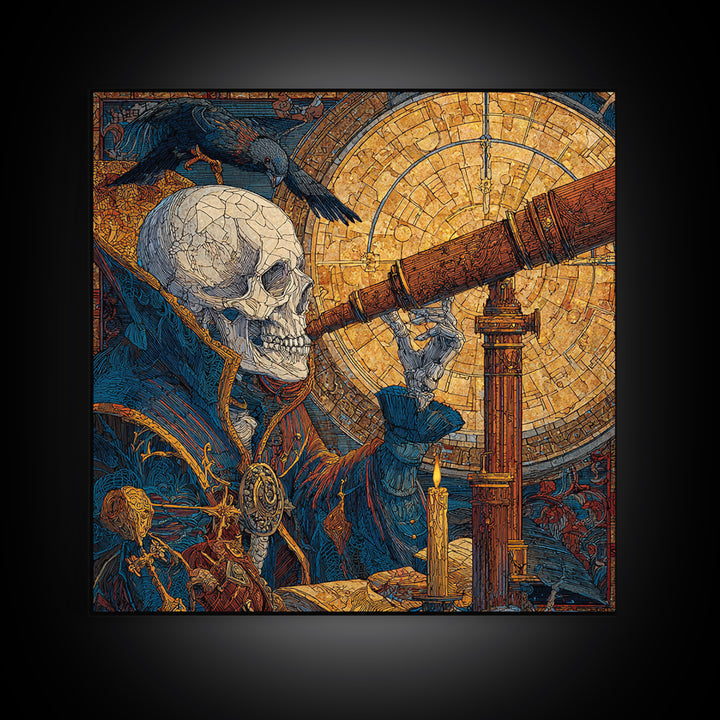 The Skull Astronomer, Stained Glass Gothic Art, Square Wall Art, Dark Halloween Decor, Canvas Print, Halloween Wall Art, Statement Wall Art