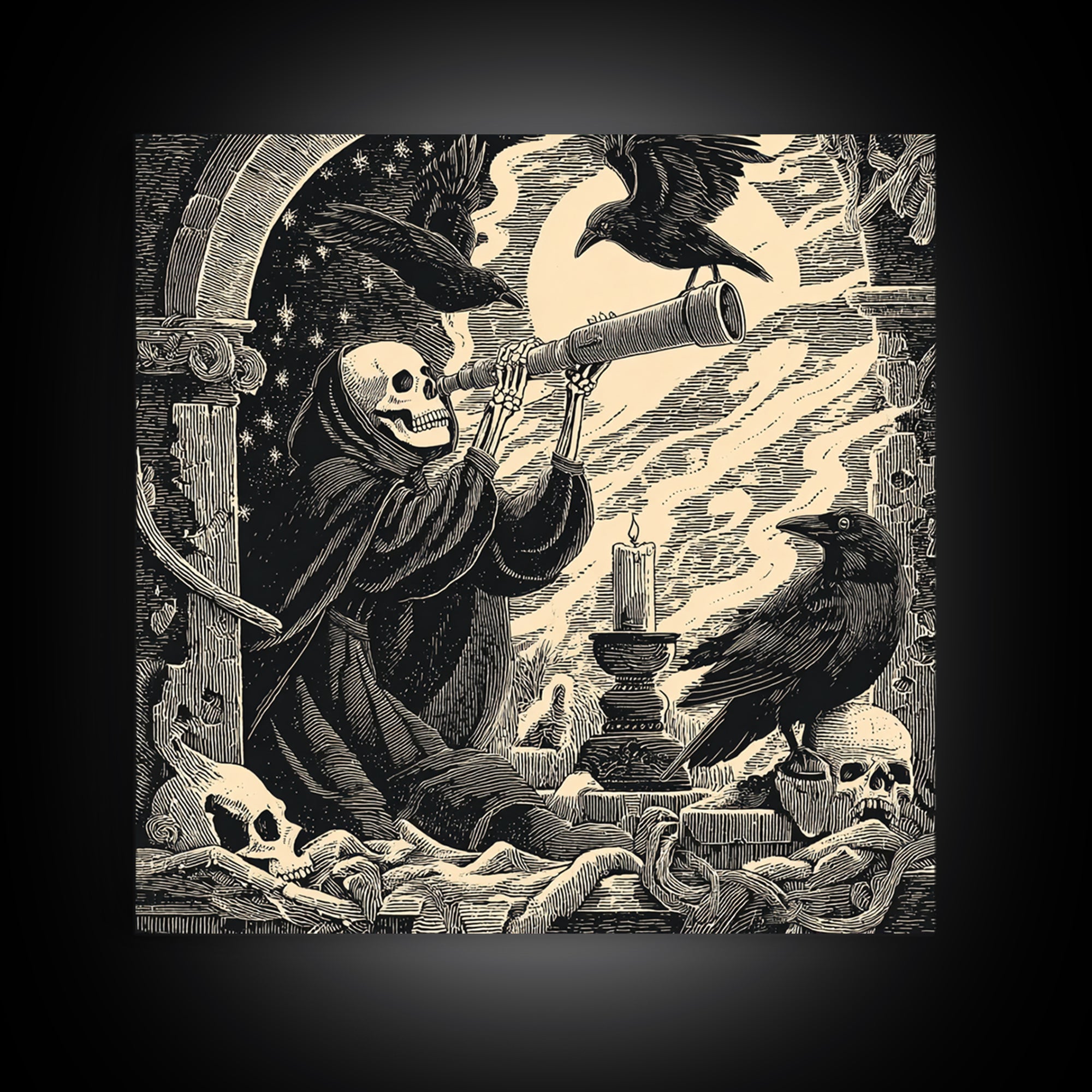 The Skull Astronomer, Macabre Folk Print Art, Square Wall Art, Gothic Horror Wall Art, Framed Canvas Print, Halloween Wall Art
