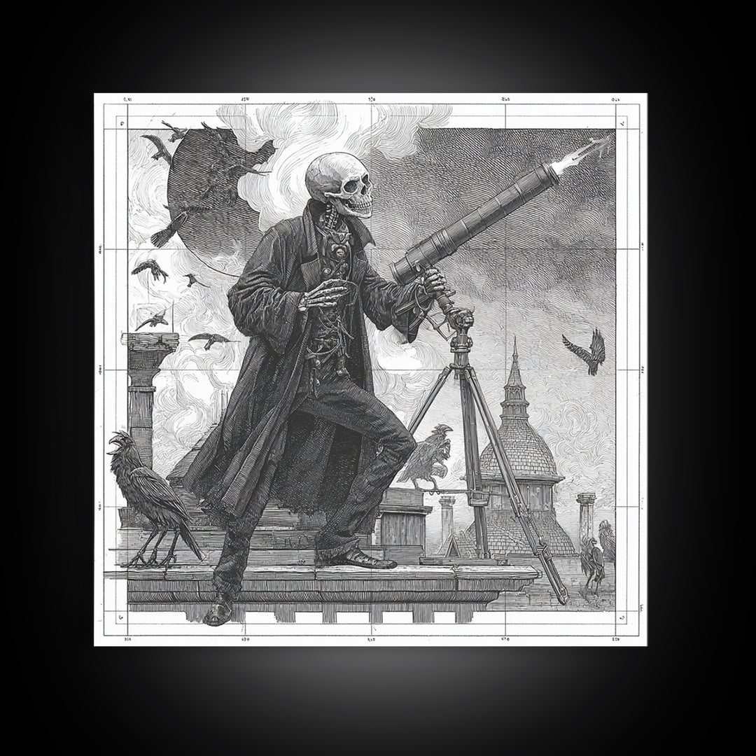 The Skull Astronomer, Victorian Macabre Art, Square Wall Art, Macabre Wall Art, Framed Canvas Print, Halloween Wall Art