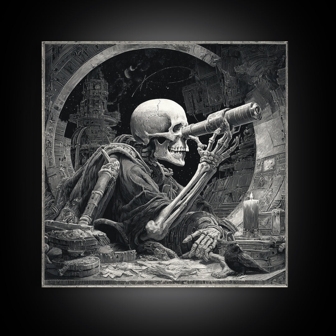 The Skull Astronomer, Biomechanical Horror Art, Square Wall Art, Dark Halloween Decor, Canvas Print, Halloween Wall Art