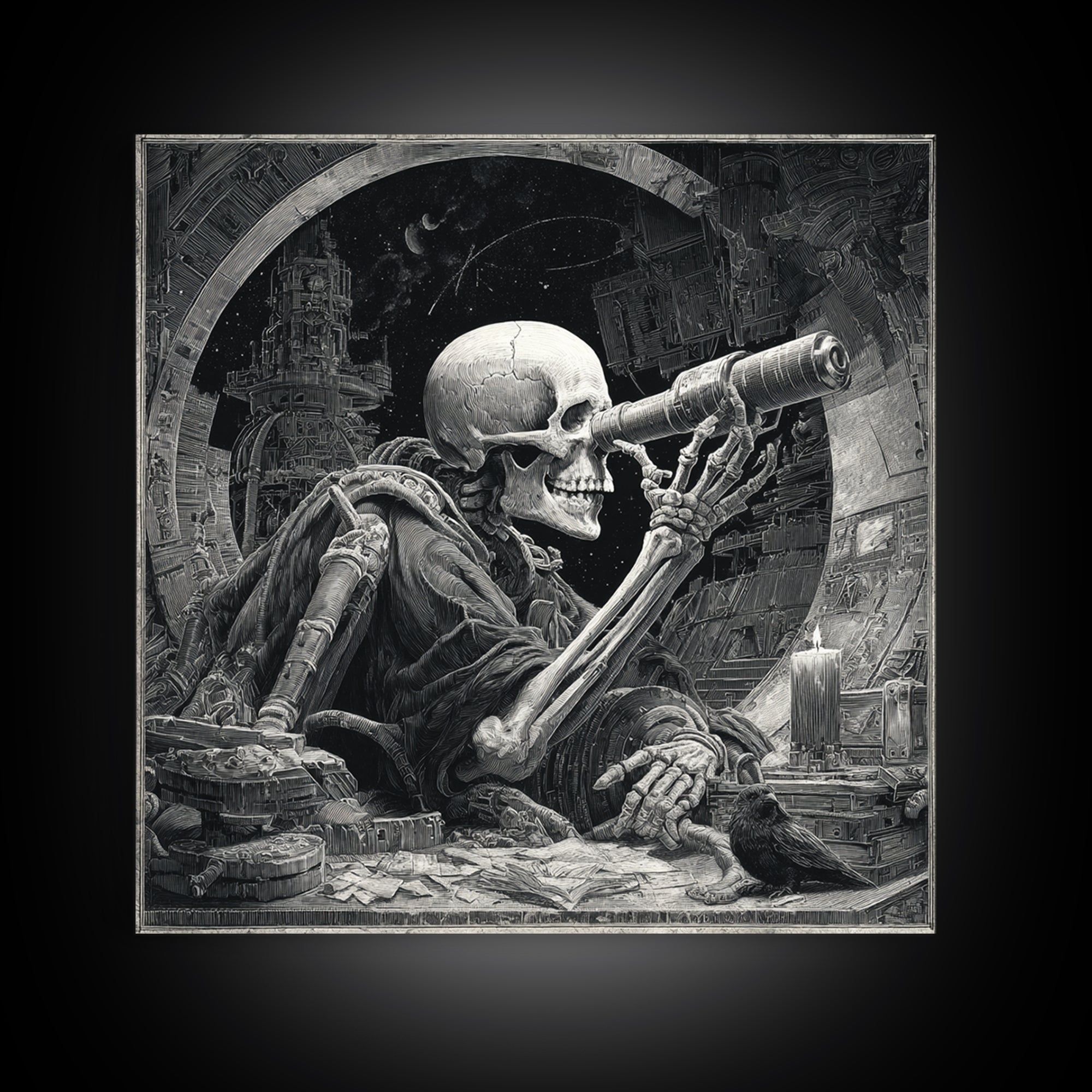 The Skull Astronomer, Biomechanical Horror Art, Square Wall Art, Dark Halloween Decor, Canvas Print, Halloween Wall Art