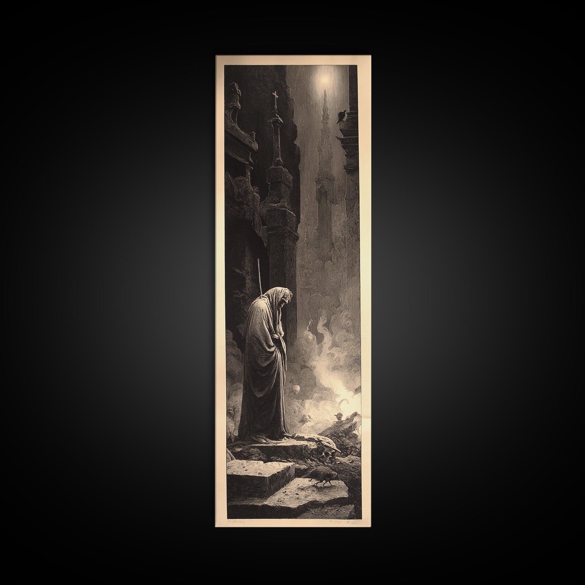 The Cemetery Beekeeper, Gothic Engraving Art, Tall Narrow Wall Art, Dark Fantasy Wall Art, Framed Canvas Print, Halloween Wall Art