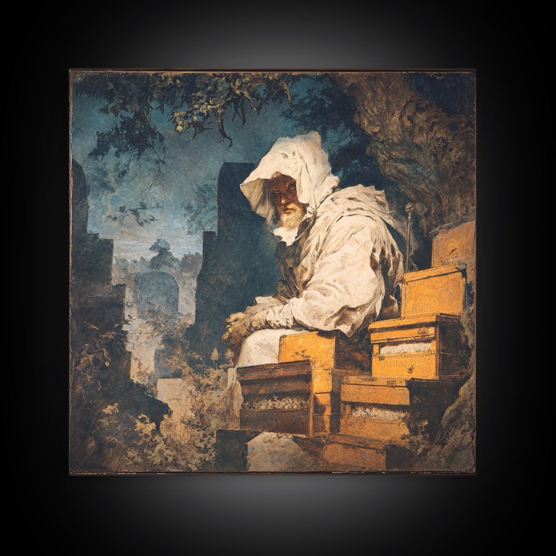 The Cemetery Beekeeper, Baroque Witchcraft Art, Square Wall Art, Macabre Wall Art, Framed Canvas Print, Halloween Wall Art