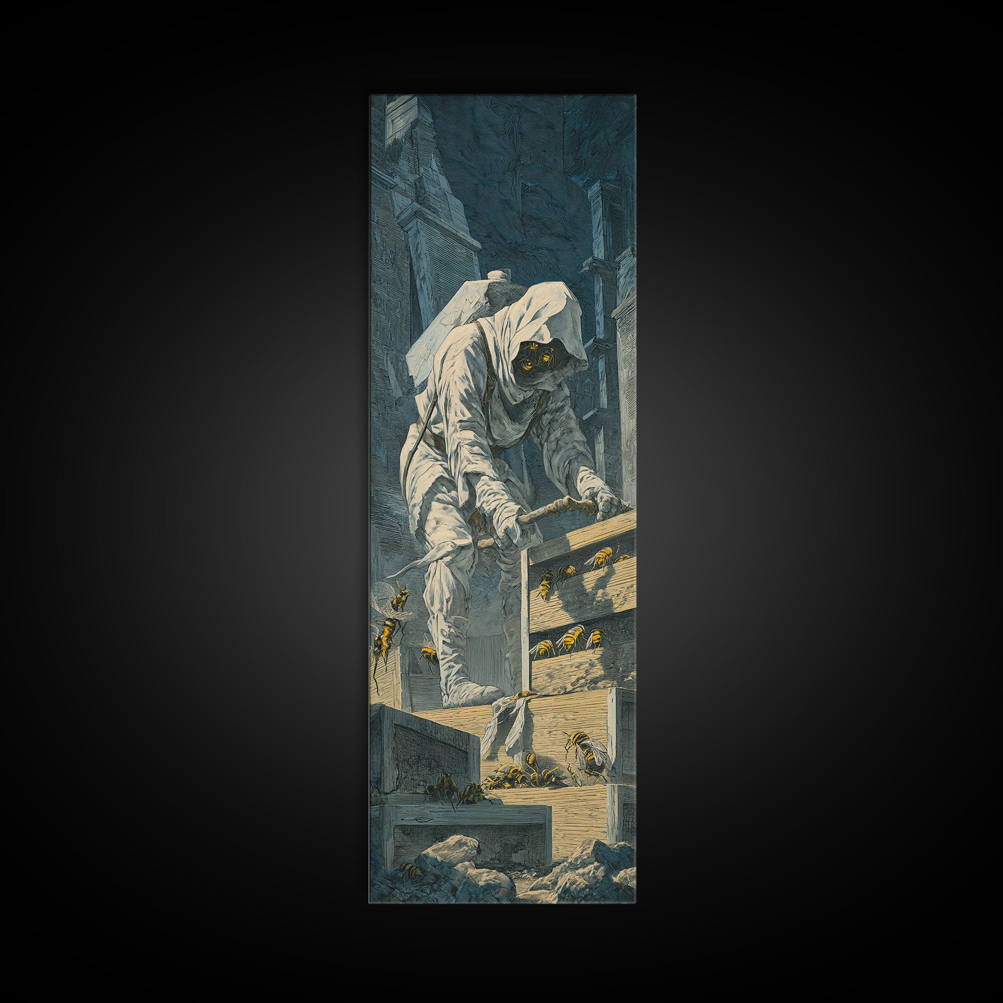 The Cemetery Beekeeper, Architectural Etching Art, Tall Narrow Wall Art, Gothic Horror Wall Art, Canvas Print