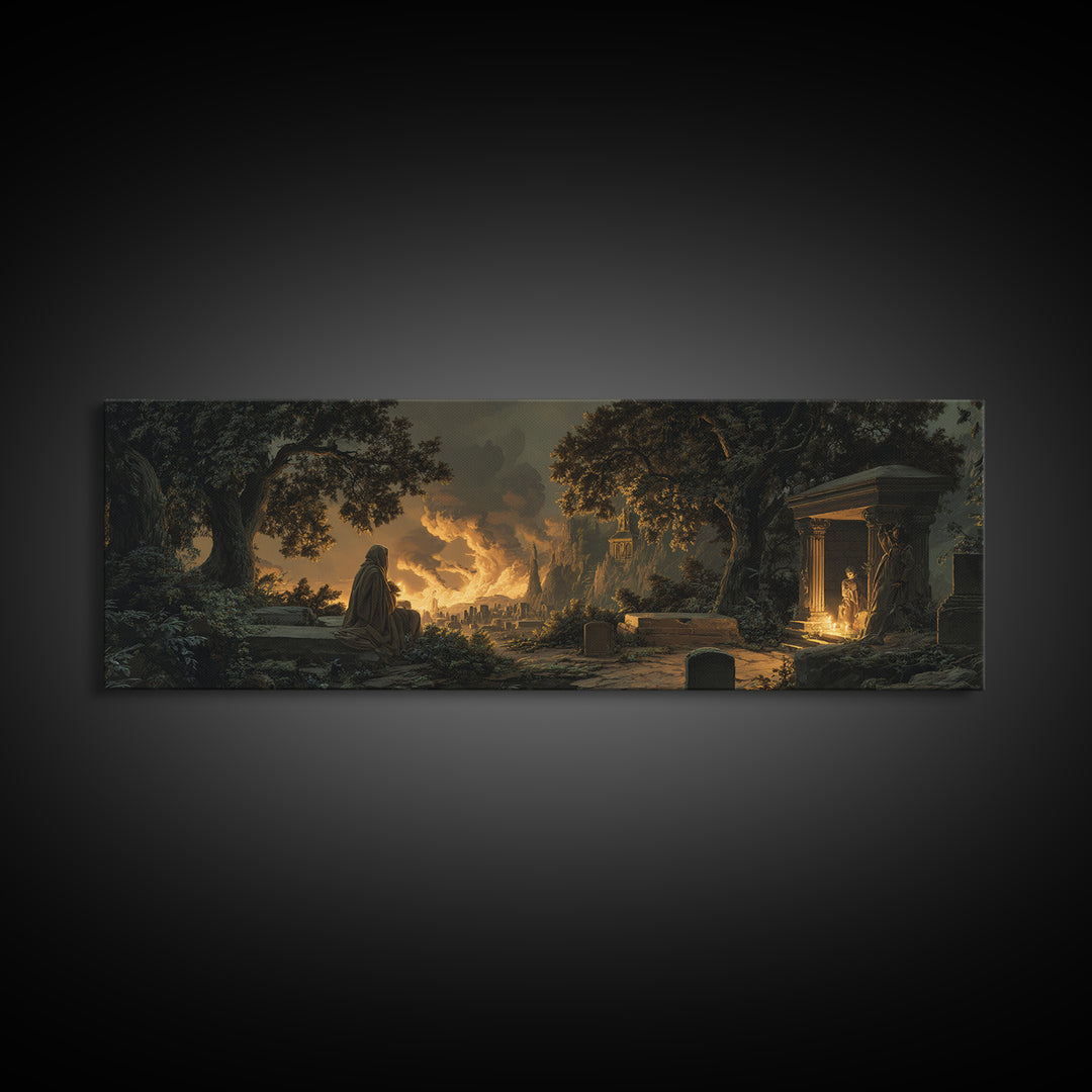 The Cemetery Beekeeper, Apocalyptic Romantic Art, Extra Wide Wall Art, Dark Halloween Decor, Canvas Print, Halloween Wall Art