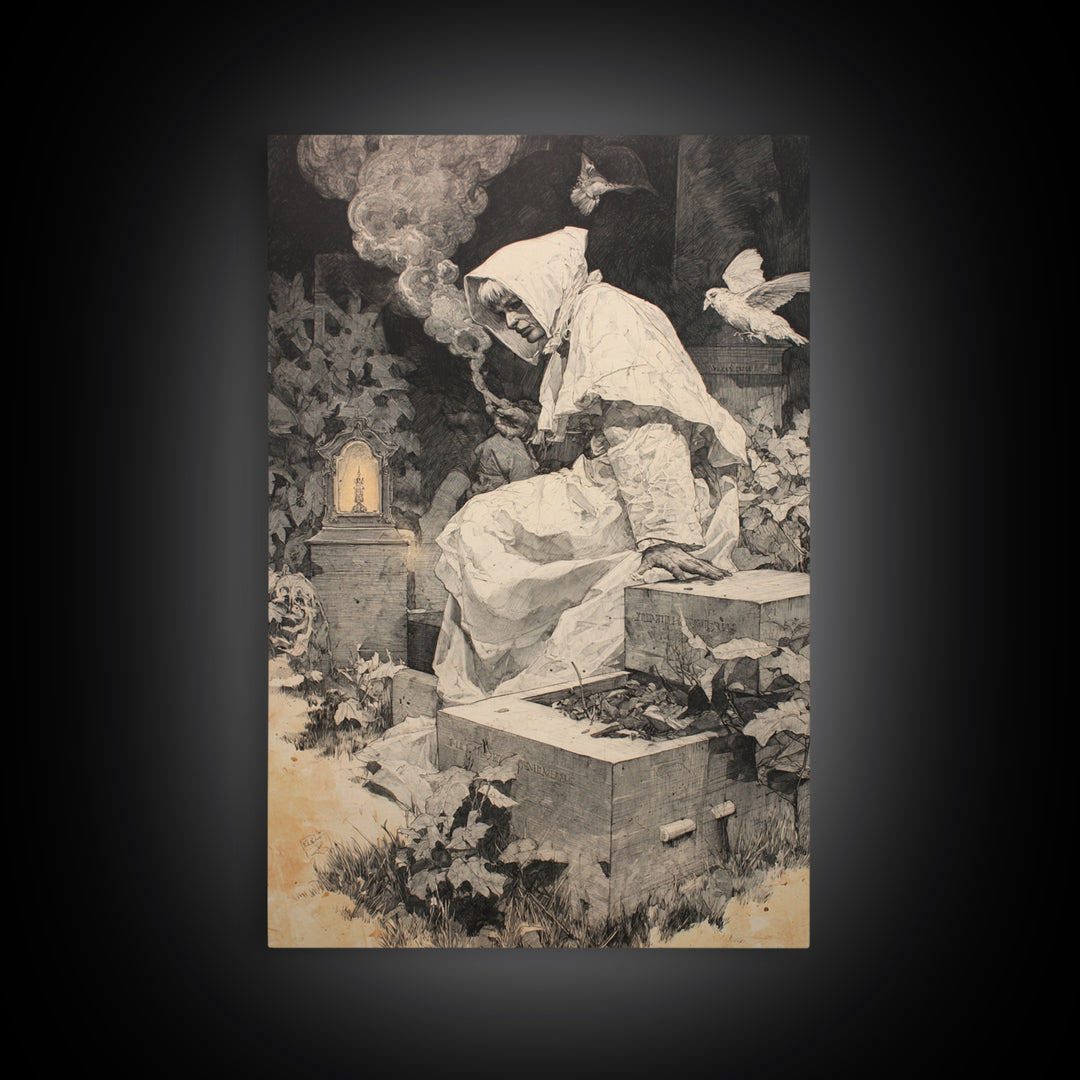 The Cemetery Beekeeper, Decadent Gothic Art, Vertical Wall Art, Macabre Wall Art, Canvas Print, Halloween Wall Art, Gothic Home Decor