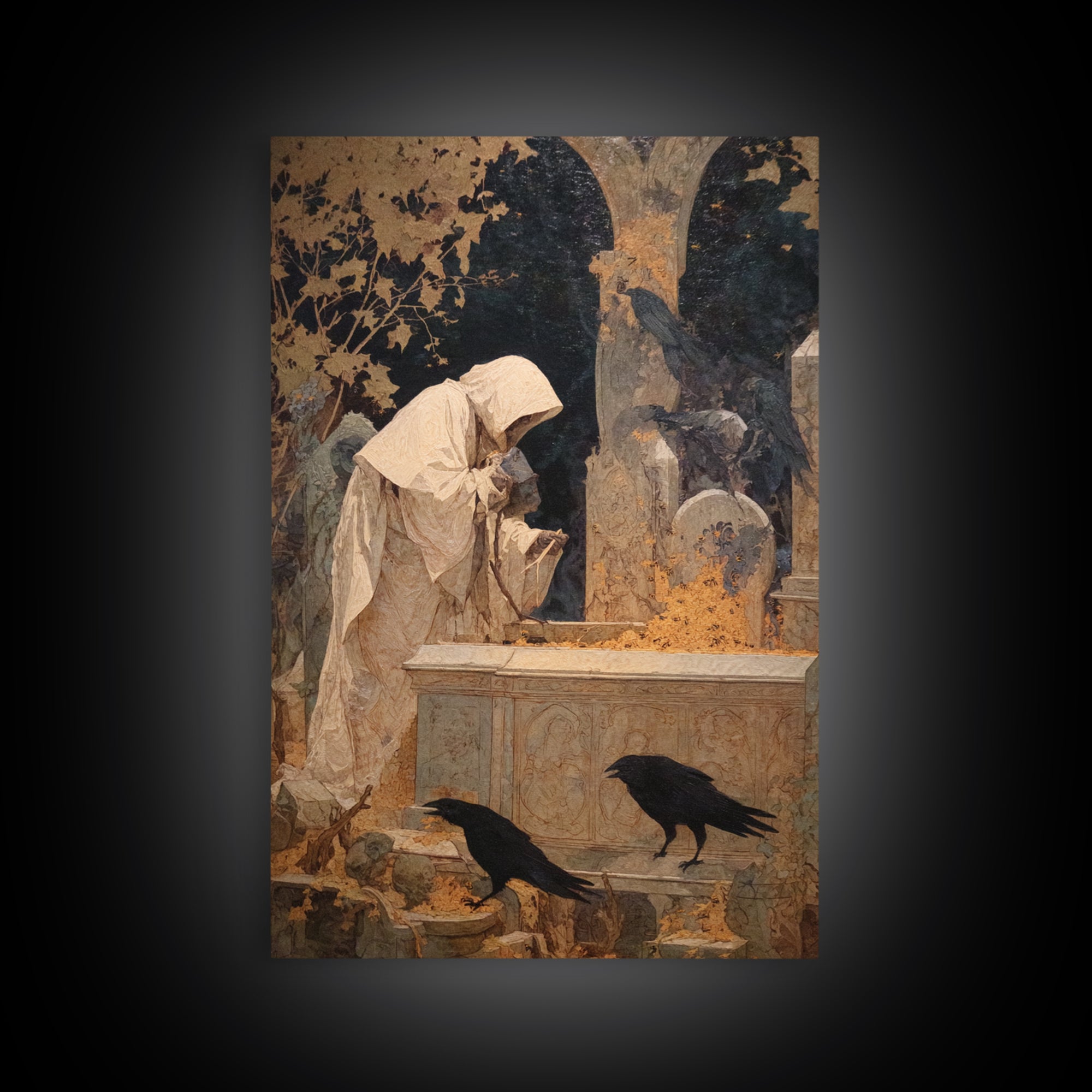 The Cemetery Beekeeper, Symbolist Etching Art, Vertical Wall Art, Dark Fantasy Wall Art, Framed Canvas Print, Halloween Wall Art