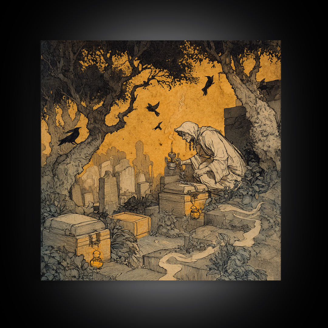 The Cemetery Beekeeper, Gothic Storybook Art, Square Wall Art, Dark Halloween Decor, Canvas Print, Halloween Wall Art