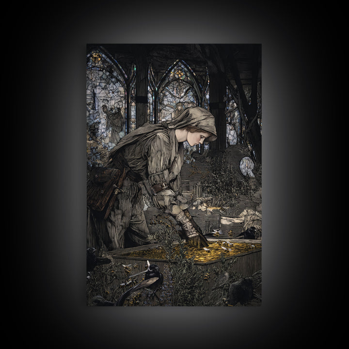 The Cemetery Beekeeper, Stained Glass Gothic Art, Vertical Wall Art, Dark Halloween Decor, Framed Canvas Print, Halloween Wall Art