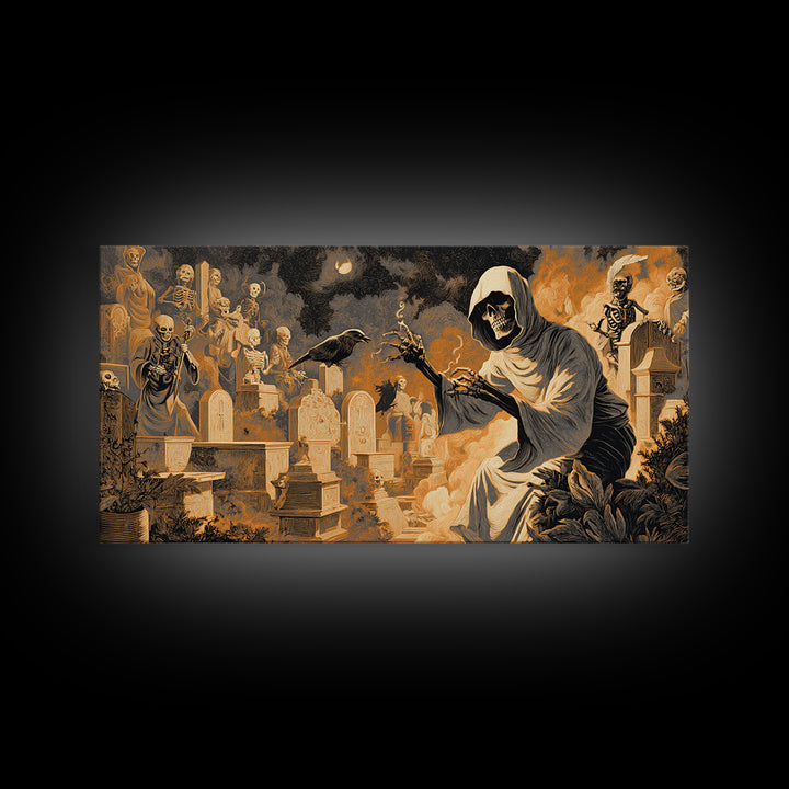 The Cemetery Beekeeper, Macabre Folk Print Art, Wide Panoramic Art, Dark Fantasy Wall Art, Canvas Print, Halloween Wall Art