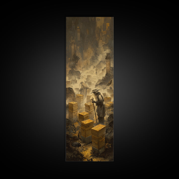 The Cemetery Beekeeper, Surreal Apocalyptic Art, Tall Narrow Wall Art, Dark Fantasy Wall Art, Framed Canvas Print, Macabre Wall Art