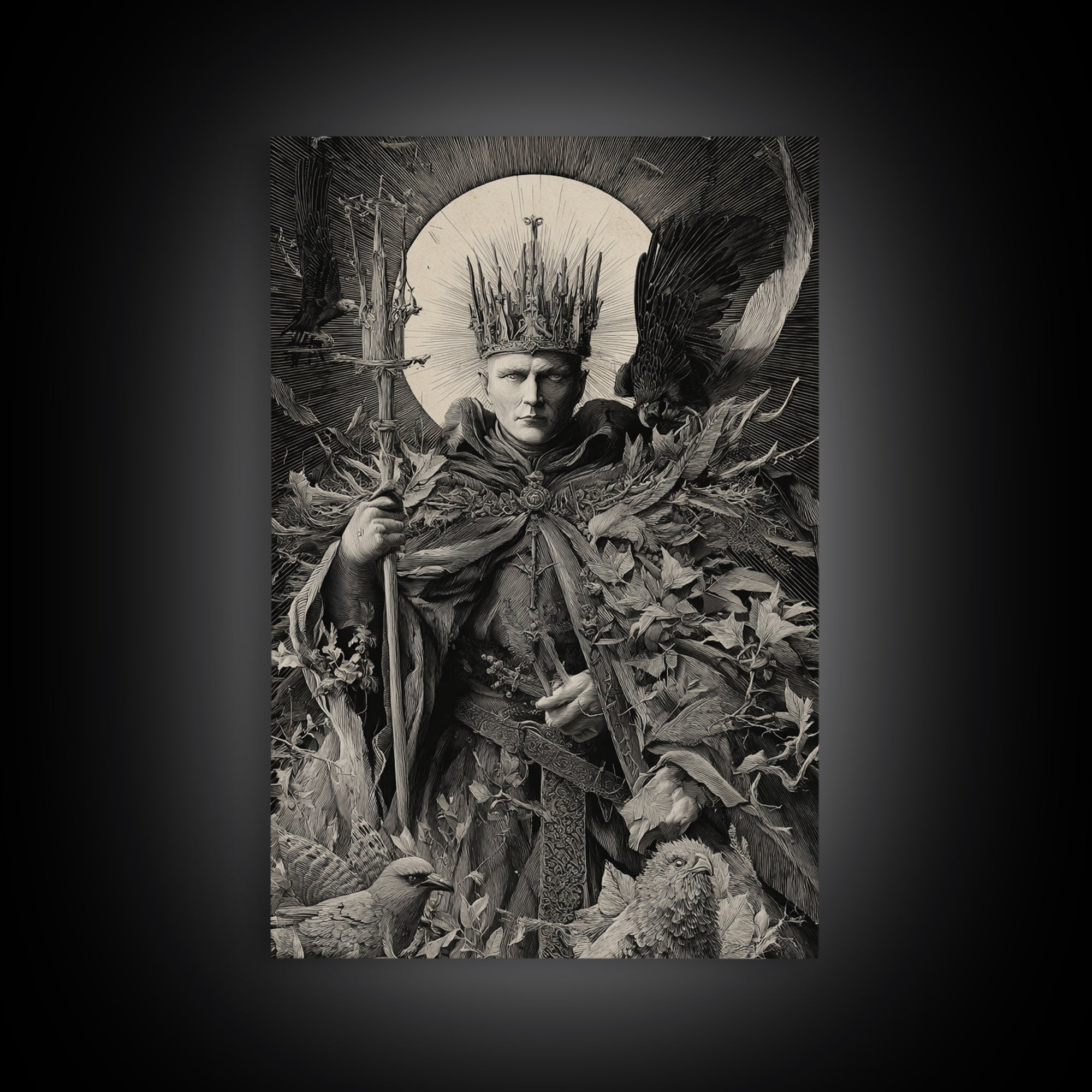 The Thorn-Crowned King, Renaissance Engraving Art, Vertical Wall Art, Dark Halloween Decor, Canvas Print, Halloween Wall Art