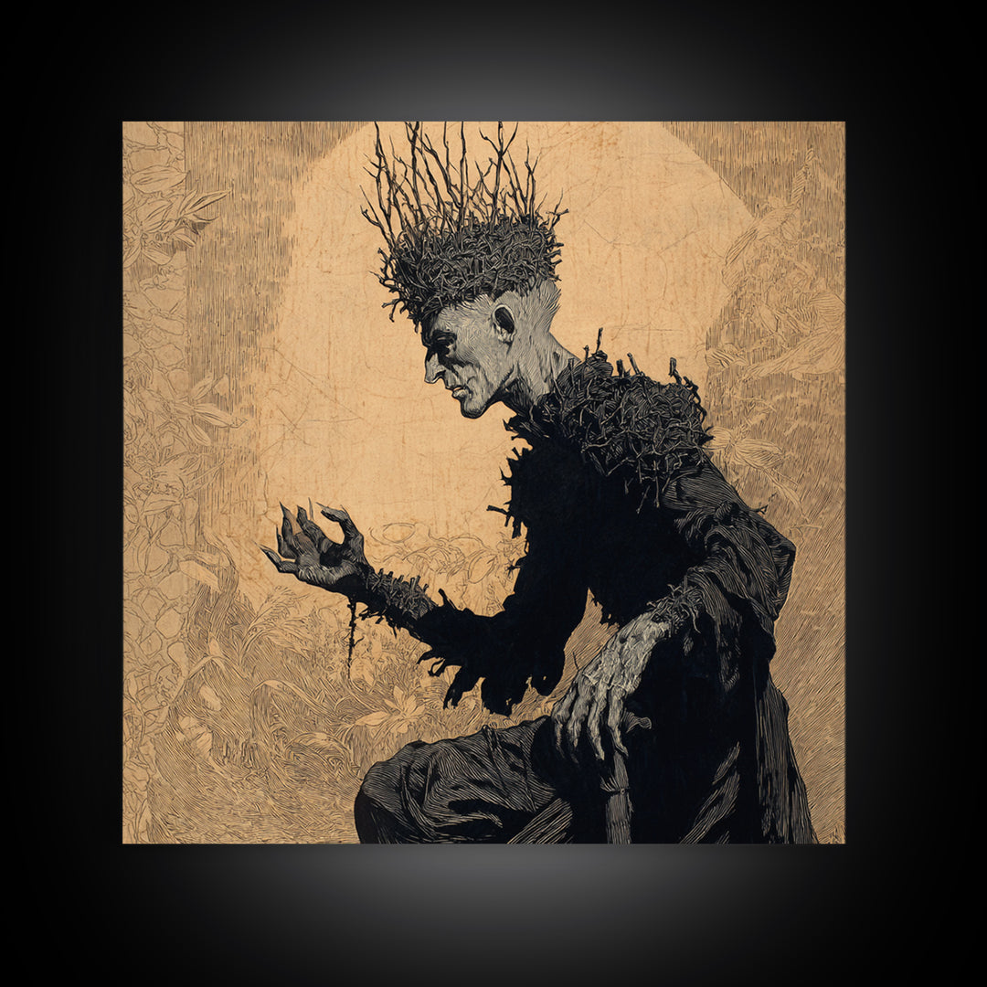 The Thorn-Crowned King, Symbolist Etching Art, Square Wall Art, Dark Halloween Decor, Framed Canvas Print, Halloween Wall Art