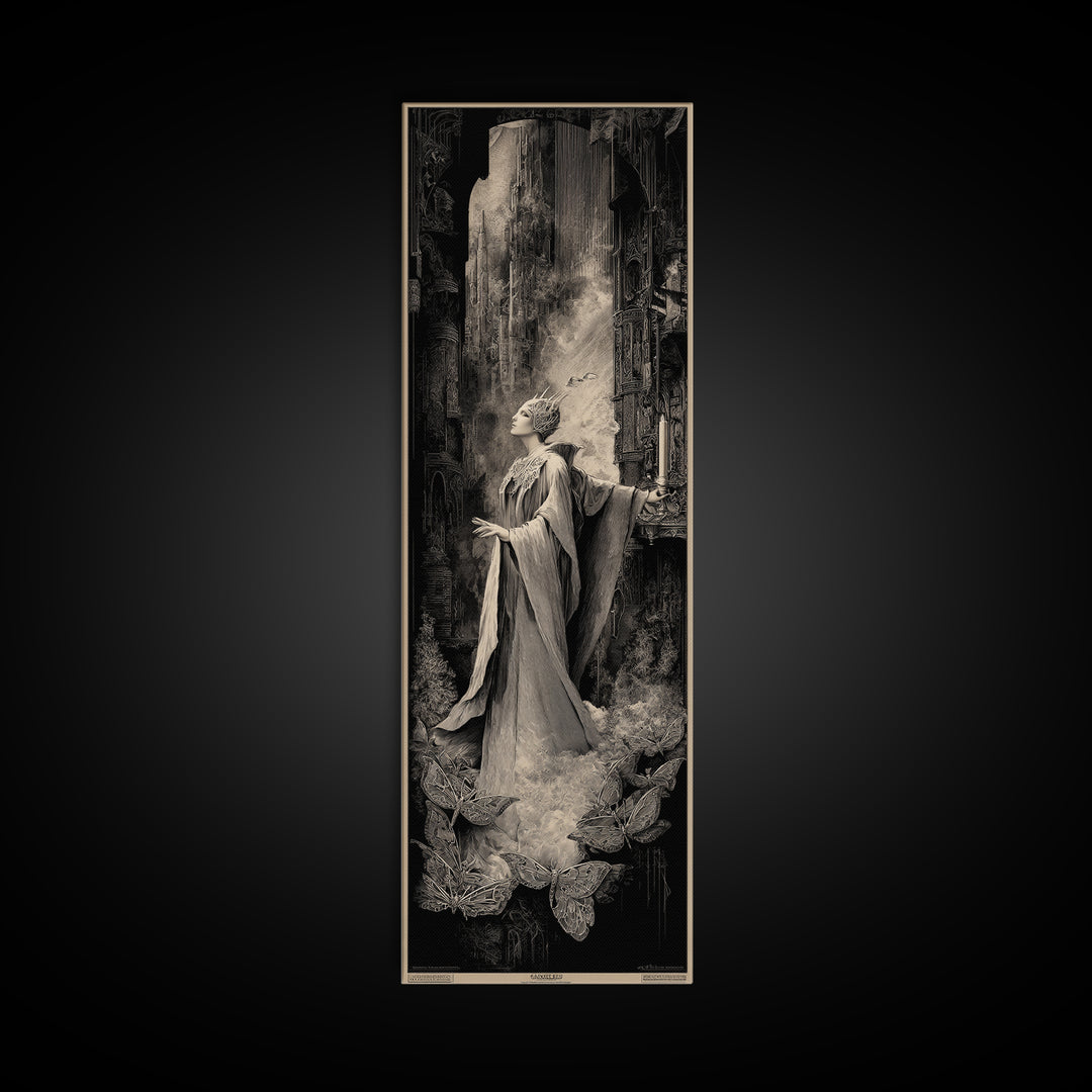 The Moth-Winged Empress, Gothic Engraving Art, Tall Narrow Wall Art, Dark Fantasy Wall Art, Framed Canvas Print, Halloween Wall Art