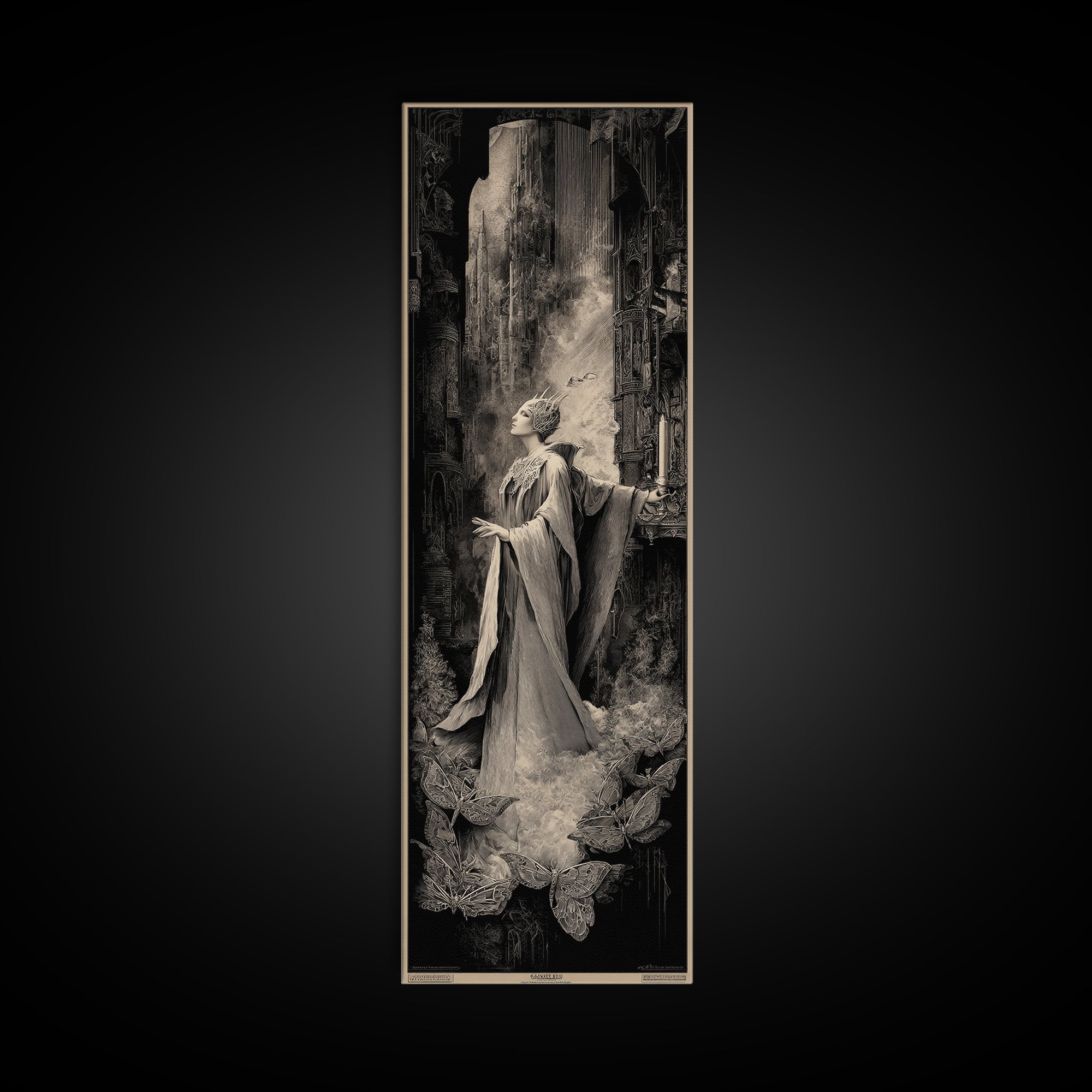 The Moth-Winged Empress, Gothic Engraving Art, Tall Narrow Wall Art, Dark Fantasy Wall Art, Framed Canvas Print, Halloween Wall Art