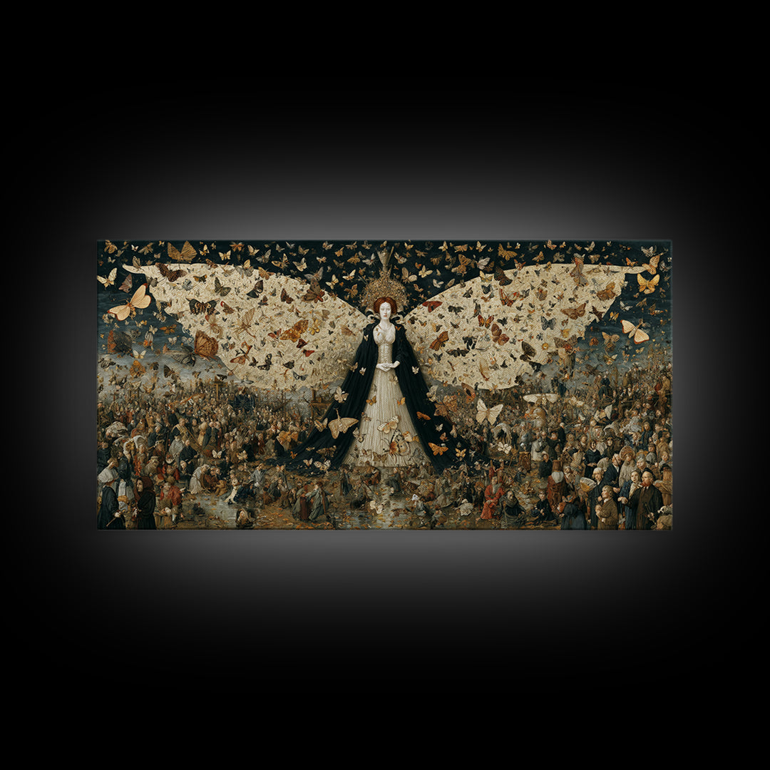 The Moth-Winged Empress, Northern Renaissance Horror, Wide Panoramic Art, Macabre Wall Art, Framed Canvas Print, Spooky Wall Decor