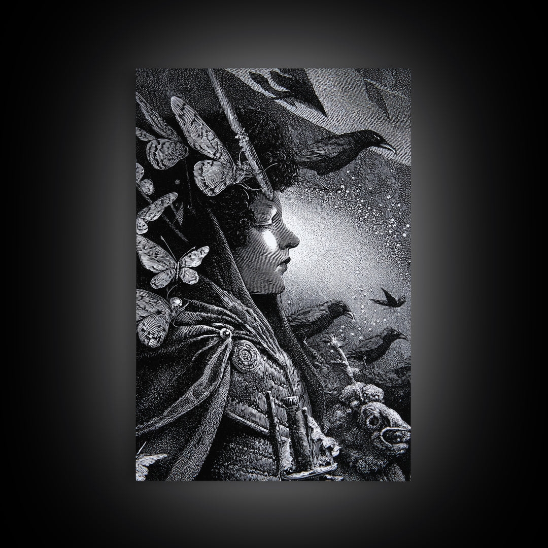 The Moth-Winged Empress, Renaissance Engraving Art, Vertical Wall Art, Macabre Wall Art, Framed Canvas Print, Halloween Wall Art