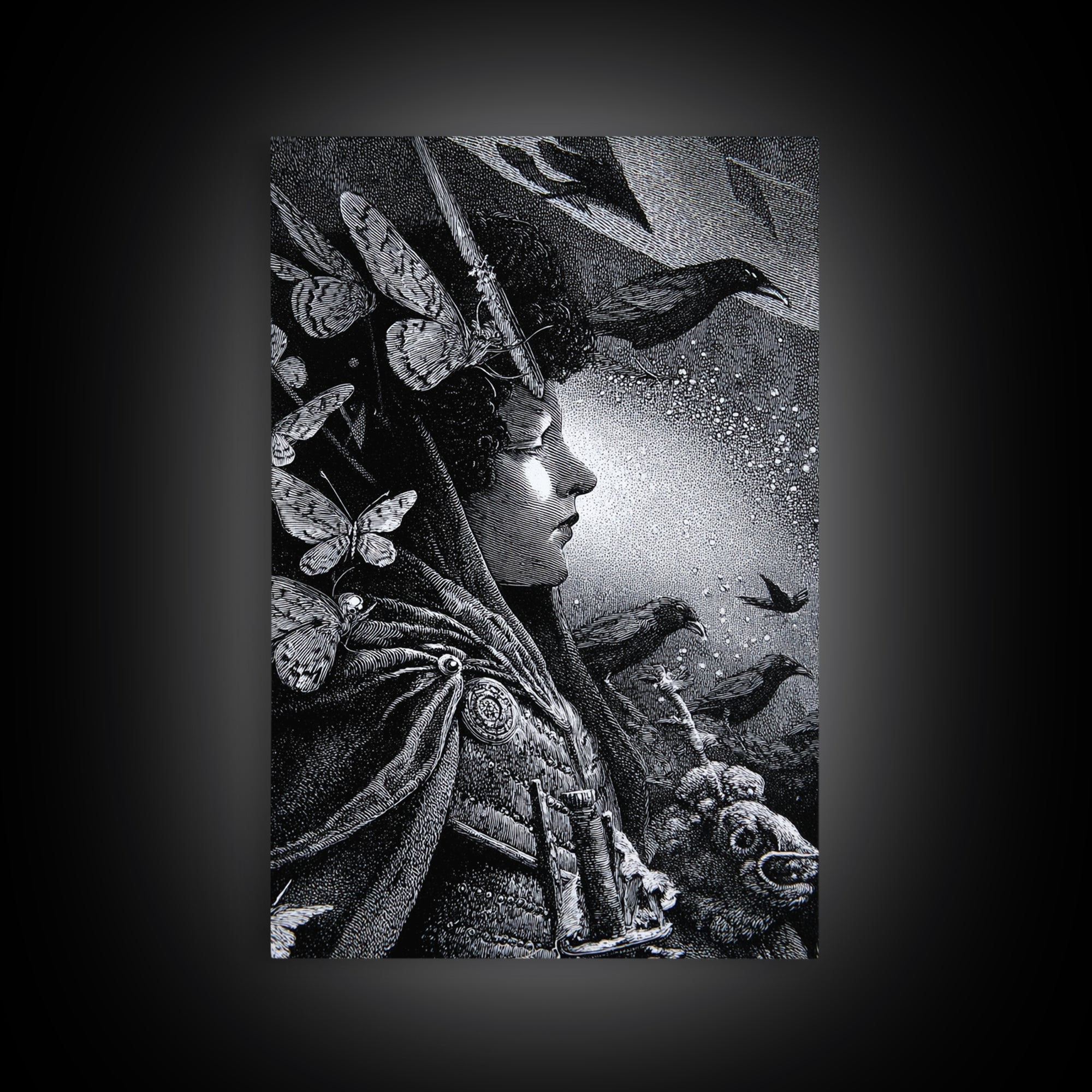 The Moth-Winged Empress, Renaissance Engraving Art, Vertical Wall Art, Macabre Wall Art, Framed Canvas Print, Halloween Wall Art