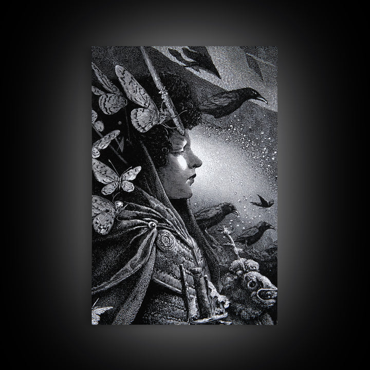 The Moth-Winged Empress, Renaissance Engraving Art, Vertical Wall Art, Macabre Wall Art, Framed Canvas Print, Halloween Wall Art