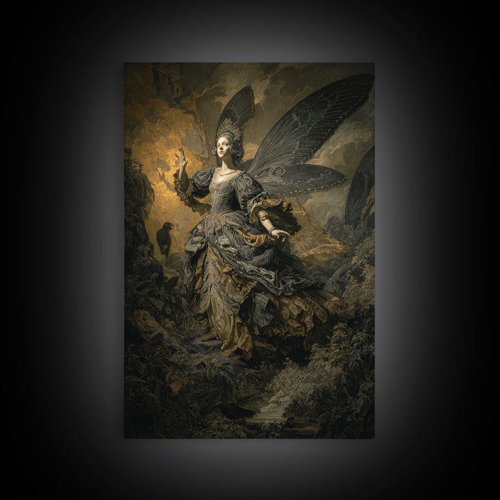 The Moth-Winged Empress, Baroque Witchcraft Art, Vertical Wall Art, Dark Halloween Decor, Framed Canvas Print, Halloween Wall Art