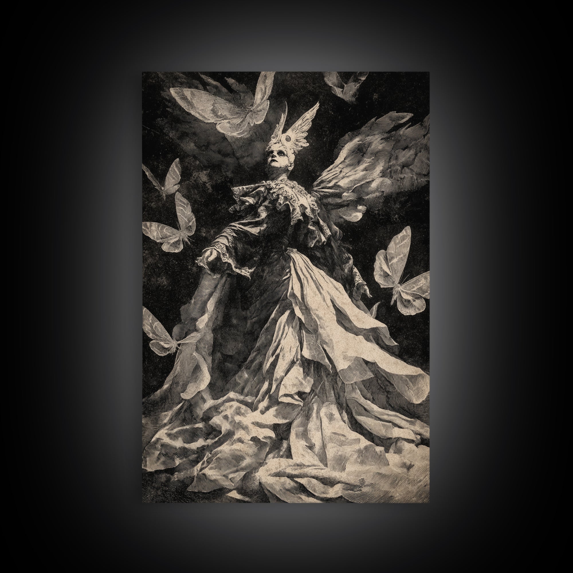 The Moth-Winged Empress, Dark Romantic Horror Art, Vertical Wall Art, Dark Fantasy Wall Art, Framed Canvas Print, Halloween Wall Art