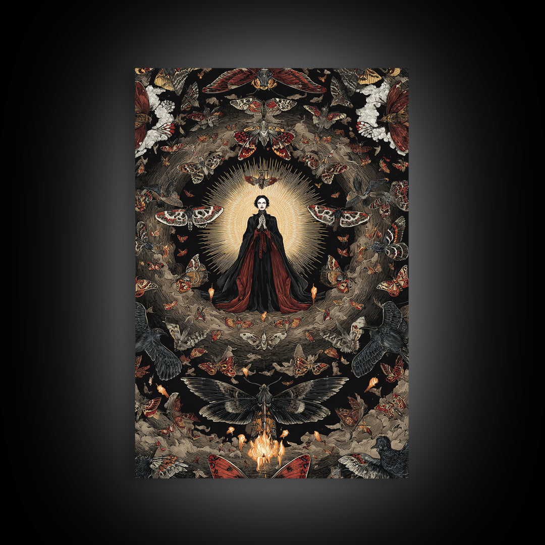 The Moth-Winged Empress, Visionary Gothic Art, Vertical Wall Art, Macabre Wall Art, Framed Canvas Print, Halloween Wall Art