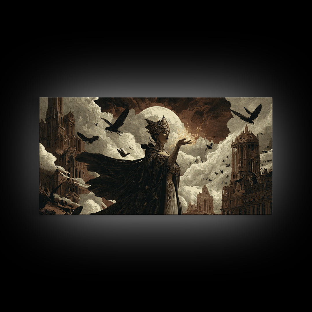 The Moth-Winged Empress, Apocalyptic Romantic Art, Wide Panoramic Art, Dark Fantasy Wall Art, Framed Canvas Print, Halloween Wall Art