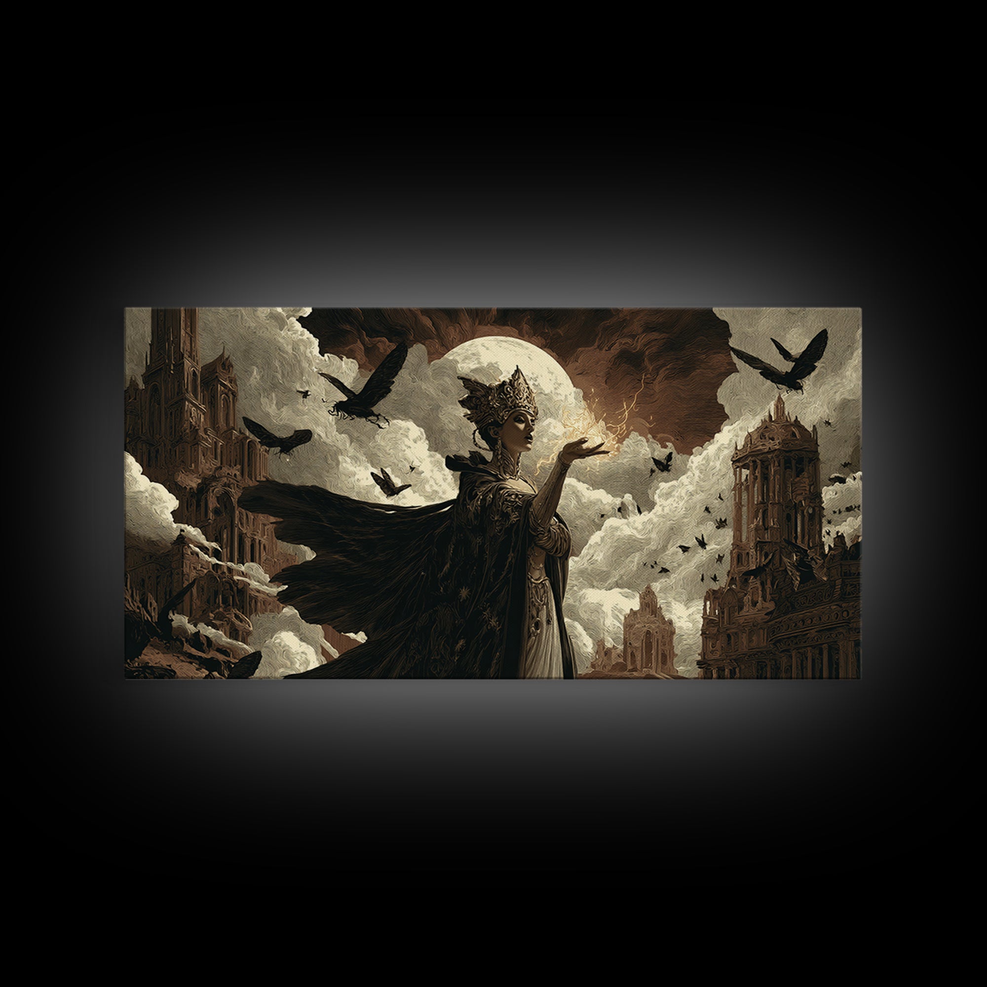 The Moth-Winged Empress, Apocalyptic Romantic Art, Wide Panoramic Art, Dark Fantasy Wall Art, Framed Canvas Print, Halloween Wall Art