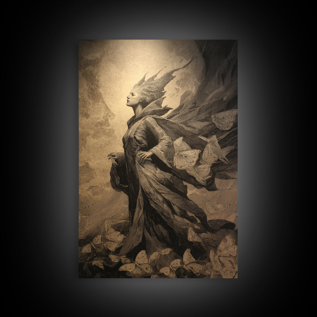 The Moth-Winged Empress, Symbolist Dream Art, Vertical Wall Art, Gothic Horror Wall Art, Canvas Print, Halloween Wall Art
