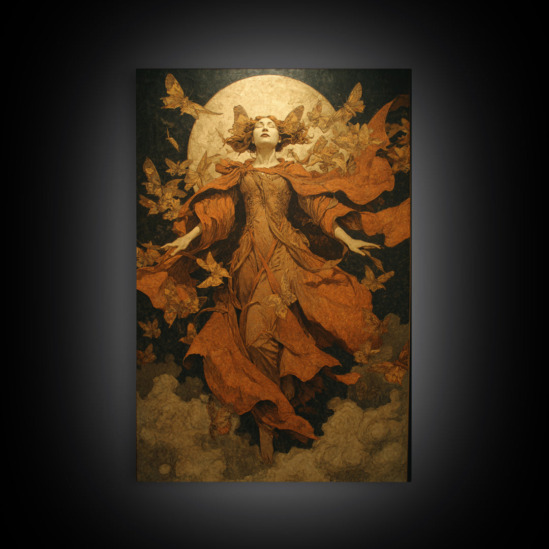 The Moth-Winged Empress, Symbolist Etching Art, Vertical Wall Art, Gothic Horror Wall Art, Framed Canvas Print, Halloween Wall Art