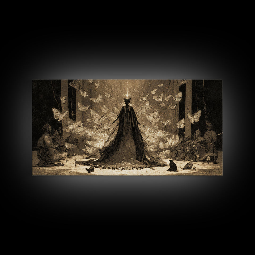 The Moth-Winged Empress, Expressionist Nightmare Art, Wide Panoramic Art, Dark Halloween Decor, Framed Canvas Print, Halloween Wall Art