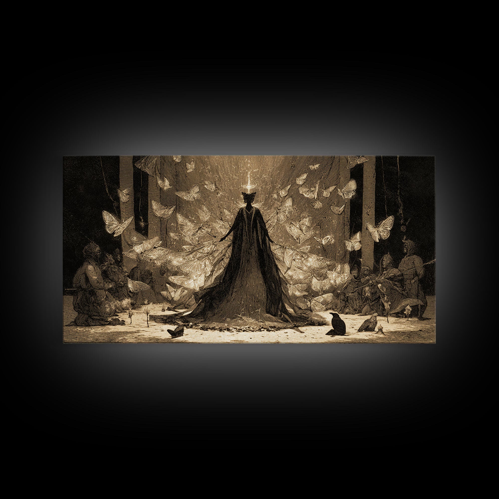 The Moth-Winged Empress, Expressionist Nightmare Art, Wide Panoramic Art, Dark Halloween Decor, Framed Canvas Print, Halloween Wall Art