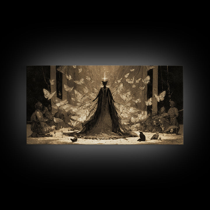 The Moth-Winged Empress, Expressionist Nightmare Art, Wide Panoramic Art, Dark Halloween Decor, Framed Canvas Print, Halloween Wall Art