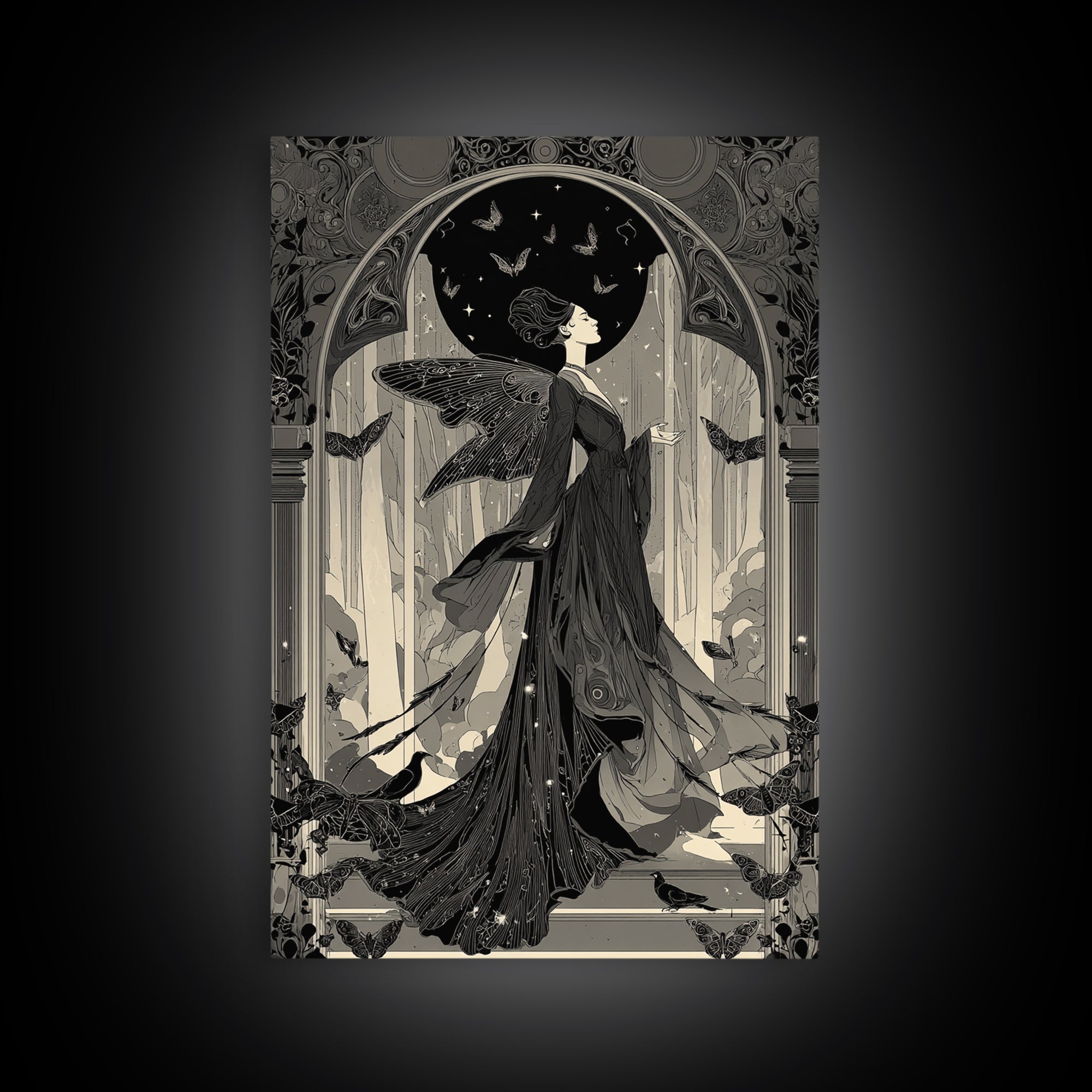 The Moth-Winged Empress, Decadent Line Art, Vertical Wall Art, Gothic Horror Wall Art, Framed Canvas Print, Halloween Wall Art