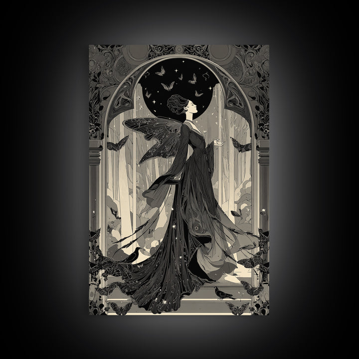 The Moth-Winged Empress, Decadent Line Art, Vertical Wall Art, Gothic Horror Wall Art, Framed Canvas Print, Halloween Wall Art