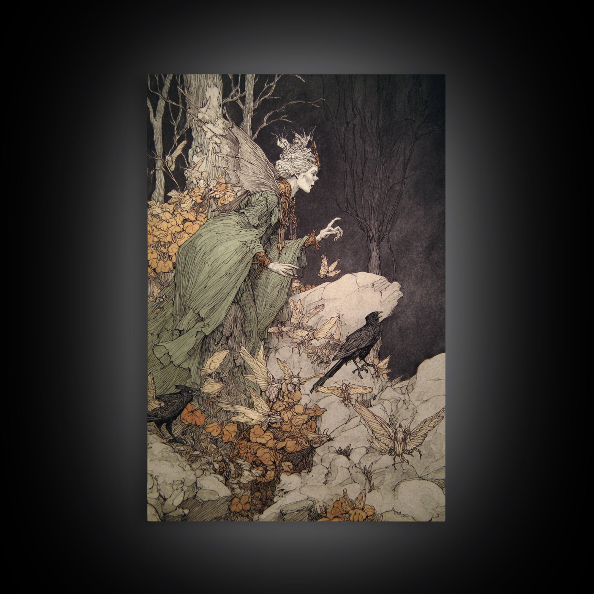 The Moth-Winged Empress, Gothic Storybook Art, Vertical Wall Art, Macabre Wall Art, Framed Canvas Print, Halloween Wall Art