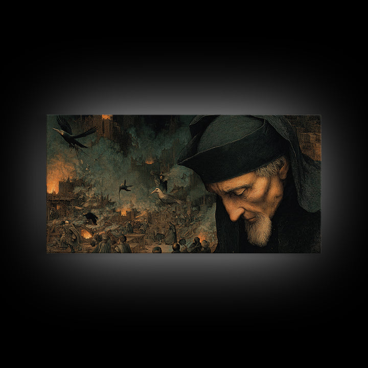 The Ash-Covered Oracle, Medieval Grotesque Art, Wide Panoramic Art, Gothic Horror Wall Art, Canvas Print, Halloween Wall Art