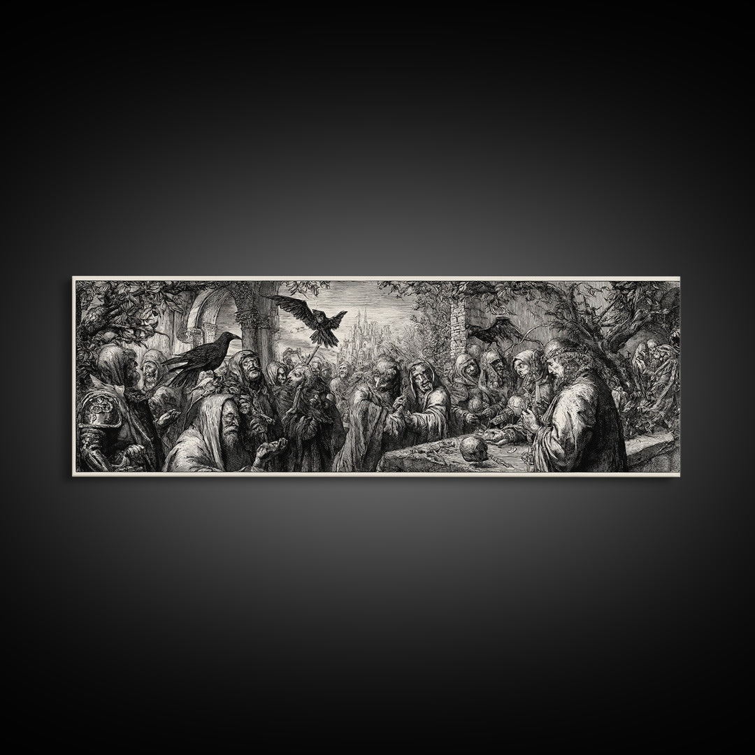 The Ash-Covered Oracle, Renaissance Engraving Art, Extra Wide Wall Art, Macabre Wall Art, Framed Canvas Print, Halloween Wall Art