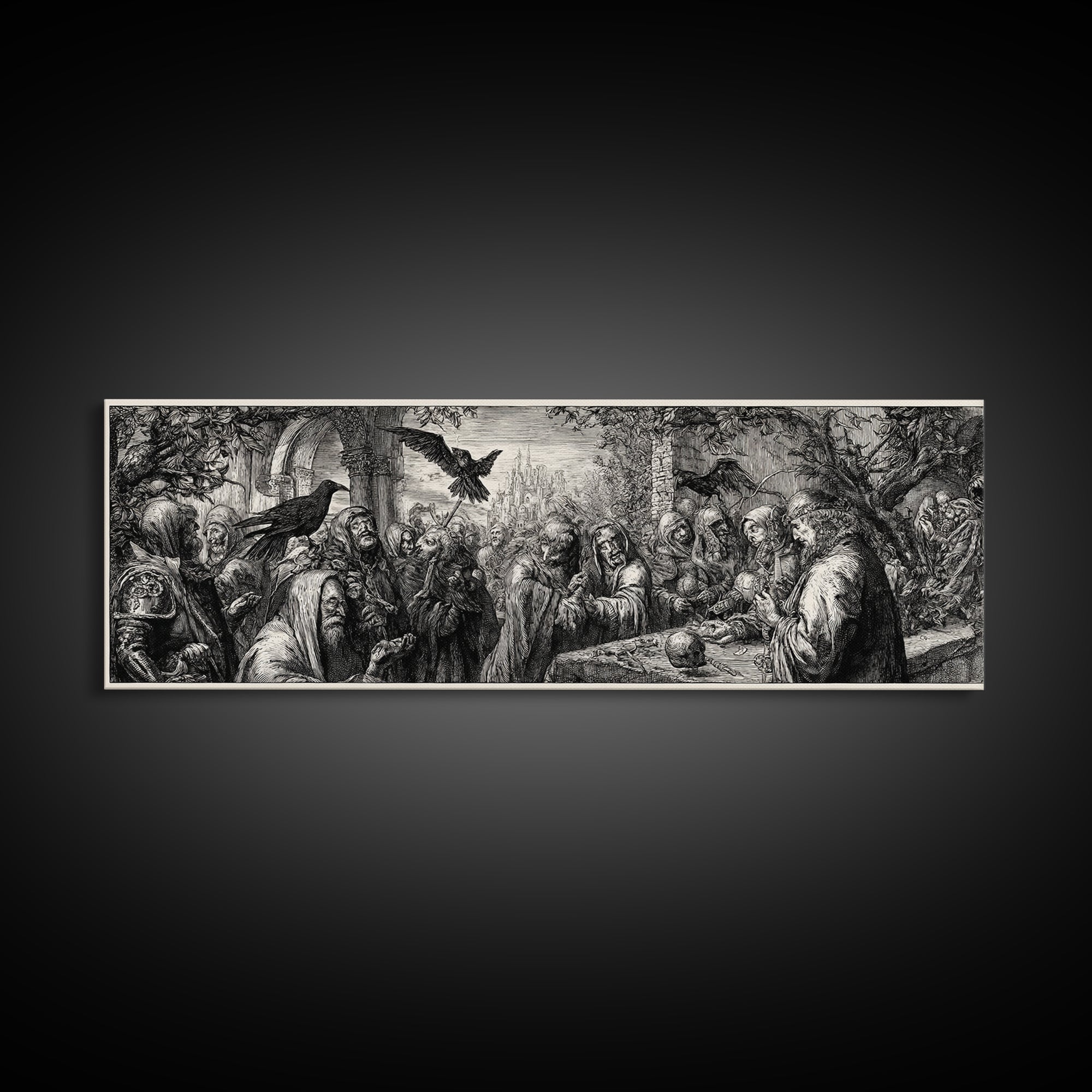 The Ash-Covered Oracle, Renaissance Engraving Art, Extra Wide Wall Art, Macabre Wall Art, Framed Canvas Print, Halloween Wall Art