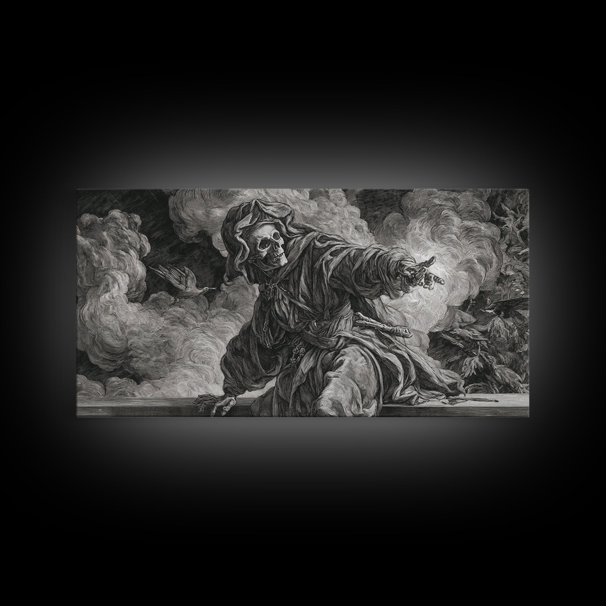 The Ash-Covered Oracle, Danse Macabre Art, Wide Panoramic Art, Dark Fantasy Wall Art, Canvas Print, Halloween Wall Art