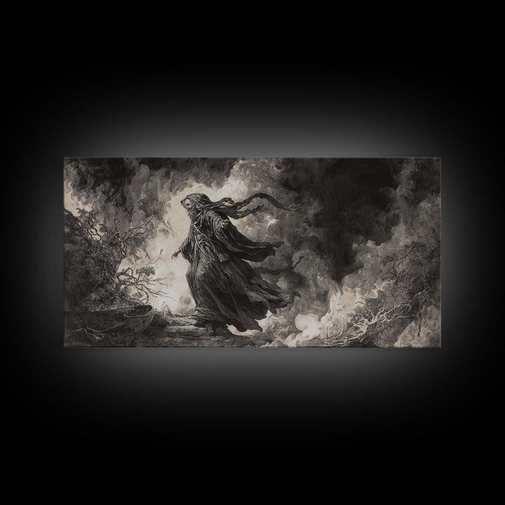 The Ash-Covered Oracle, Baroque Witchcraft Art, Wide Panoramic Art, Gothic Horror Wall Art, Framed Canvas Print, Halloween Wall Art