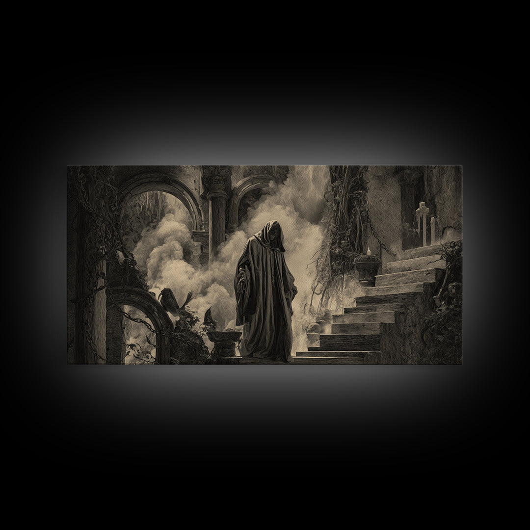 The Ash-Covered Oracle, Architectural Etching Art, Wide Panoramic Art, Dark Fantasy Wall Art, Framed Canvas Print