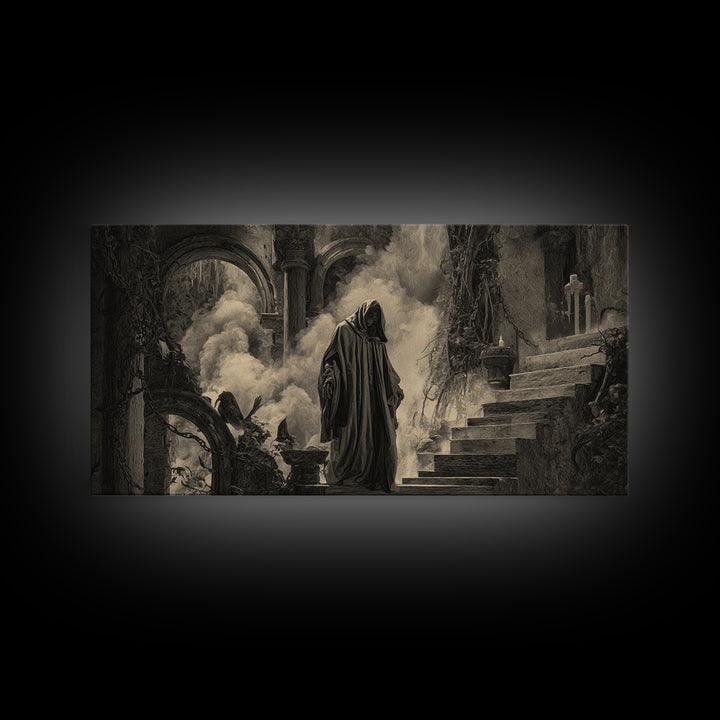The Ash-Covered Oracle, Architectural Etching Art, Wide Panoramic Art, Dark Fantasy Wall Art, Framed Canvas Print