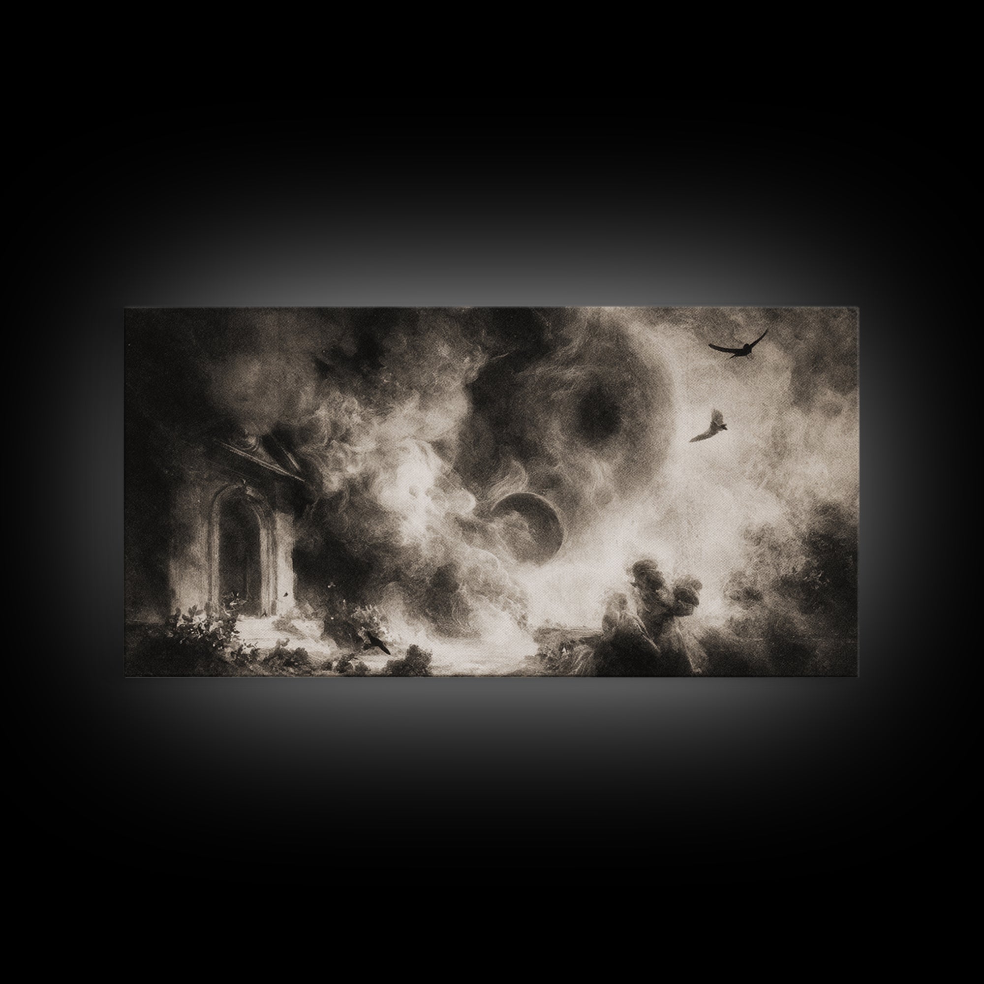 The Ash-Covered Oracle, Symbolist Dream Art, Wide Panoramic Art, Dark Halloween Decor, Framed Canvas Print, Halloween Wall Art