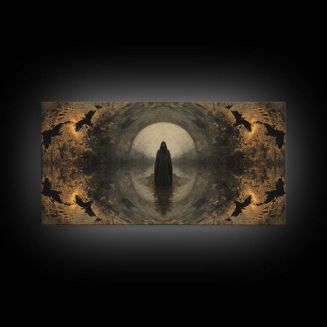 The Ash-Covered Oracle, Symbolist Gothic Landscape, Wide Panoramic Art, Dark Fantasy Wall Art, Canvas Print, Halloween Wall Art