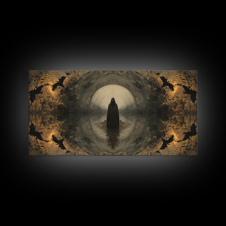 The Ash-Covered Oracle, Symbolist Gothic Landscape, Wide Panoramic Art, Dark Fantasy Wall Art, Canvas Print, Halloween Wall Art