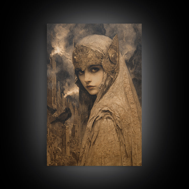 The Ash-Covered Oracle, Ornate Symbolist Art, Vertical Wall Art, Dark Halloween Decor, Canvas Print, Halloween Wall Art