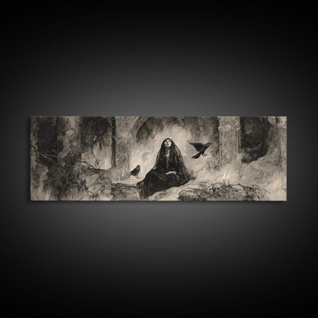 The Ash-Covered Oracle, Decadent Gothic Art, Extra Wide Wall Art, Macabre Wall Art, Canvas Print, Halloween Wall Art